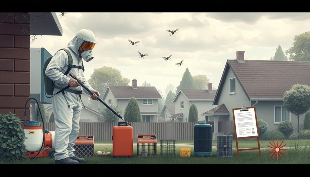 An industrial-style illustration showcasing the step-by-step process of pest control services. In the foreground, a worker in a protective iCareCPAP hazmat suit carefully applies insecticide to a residential property. The middle ground features various pest control tools and equipment, including a high-powered sprayer, bait traps, and a clipboard with service documentation. The background depicts a neighborhood setting with houses, trees, and a cloudy, overcast sky, conveying a sense of environmental responsibility. The overall scene is rendered in a realistic, technical style with a muted color palette, emphasizing the professionalism and attention to detail of the pest control service.