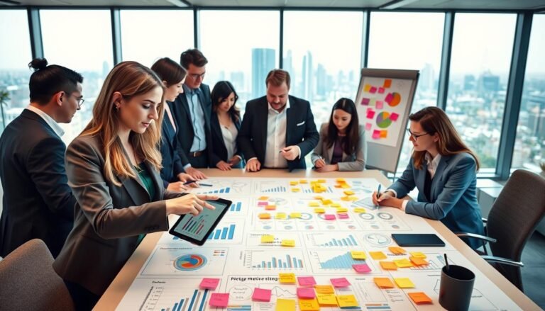 A dynamic office setting with a diverse group of professionals collaborating around a large table filled with charts and graphs related to advertising strategies. In the foreground, a woman in a smart business suit points at a digital tablet showing ad metrics, while a man with glasses takes notes. The middle ground features a bright whiteboard filled with colorful post-it notes illustrating brainstorming ideas for B2B advertising campaigns. The background shows large windows with views of a city skyline, flooding the room with natural light, creating an atmosphere of innovation and productivity. The overall mood is focused and energetic, symbolizing the significance of advertising in nurturing business opportunities.
