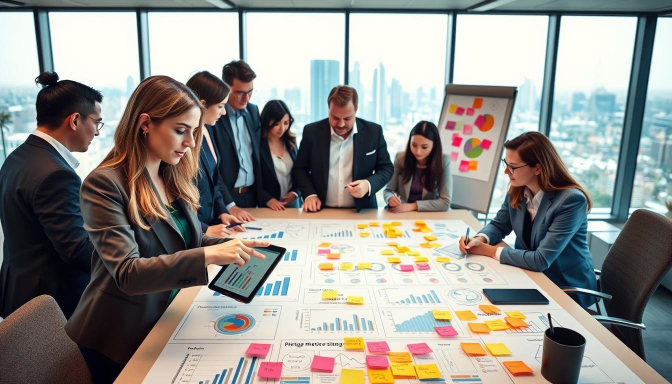 A dynamic office setting with a diverse group of professionals collaborating around a large table filled with charts and graphs related to advertising strategies. In the foreground, a woman in a smart business suit points at a digital tablet showing ad metrics, while a man with glasses takes notes. The middle ground features a bright whiteboard filled with colorful post-it notes illustrating brainstorming ideas for B2B advertising campaigns. The background shows large windows with views of a city skyline, flooding the room with natural light, creating an atmosphere of innovation and productivity. The overall mood is focused and energetic, symbolizing the significance of advertising in nurturing business opportunities.