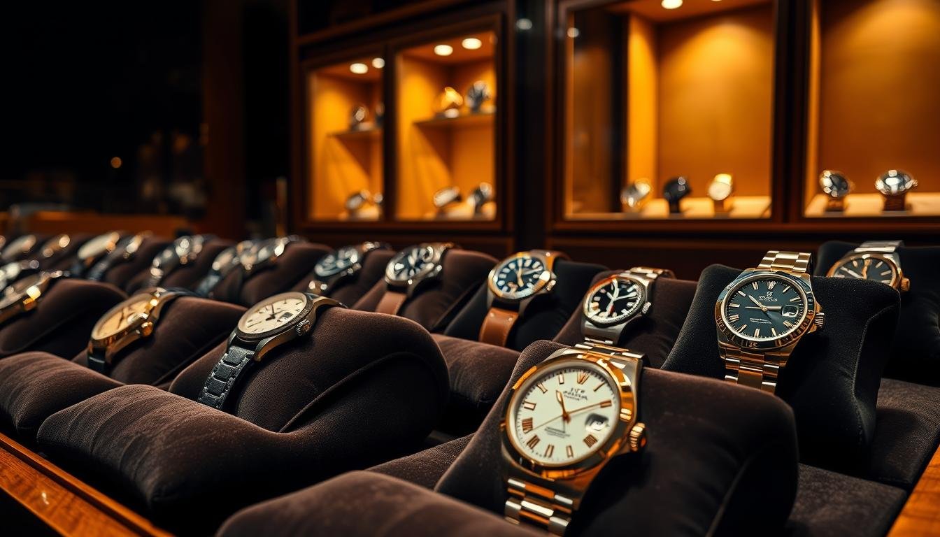 A luxurious display of a curated selection of Rolex watches, showcasing various models on elegant, dark velvet cushions. In the foreground, a close-up shot highlights the intricate details of the watches, including sparkling dials and finely crafted bracelets, accentuated by soft, warm lighting that enhances the metallic brilliance. In the middle background, a tasteful wooden display cabinet offers a glimpse of additional timepieces through glass doors, surrounded by subtle reflections. The ambient lighting creates an intimate atmosphere, suggesting exclusivity and craftsmanship. The overall composition conveys a sense of timeless elegance and precision, perfectly aligning with the concept of quality and dedication in Swiss watchmaking.