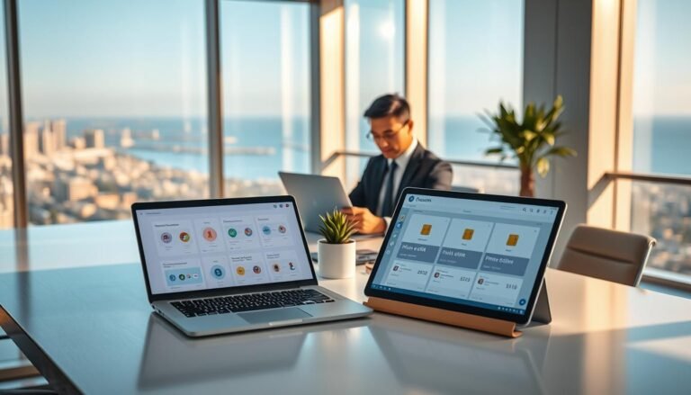 A modern office environment that captures the essence of "OceanEsim 多方案管理." In the foreground, a sleek desk with a laptop displaying an interface for managing eSIM profiles, neatly organized with color-coded icons and graphs. A smart device showcasing multiple eSIM options sits next to a potted plant. The middle ground features a professional individual in business attire, focused on the laptop, representing innovation and management expertise. The background reveals a large window with panoramic views of a coastal city, bathed in warm daylight, casting soft shadows across the office space. The atmosphere conveys professionalism, clarity, and the future of telecommunications, emphasizing efficient eSIM management.