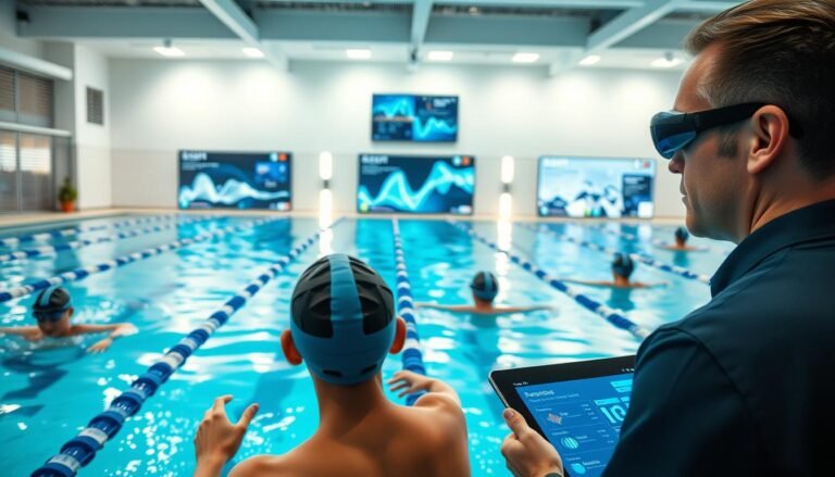 A modern swimming training facility with advanced technology integrated into the coaching process. In the foreground, a coach in professional attire is observing swimmers through high-tech goggles and tablets that display real-time data analysis. In the middle ground, several swimmers are seen practicing with smart swim caps and goggles, which monitor performance metrics, creating an energetic yet focused atmosphere. The background features large screens showing visual analytics and underwater footage, illuminated with soft white lighting to accentuate the futuristic feel. The overall ambiance is one of innovation, teamwork, and excellence in sports training, conveying the critical role of technology in enhancing swimming techniques.