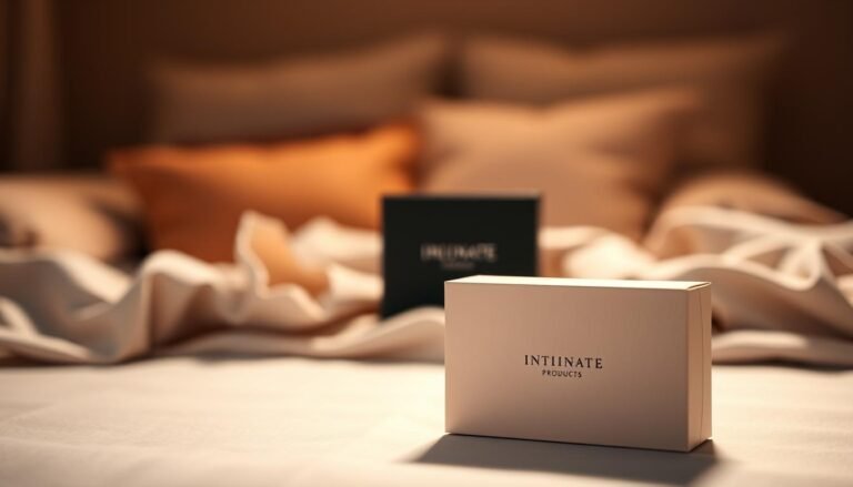 A sleek and modern packaging design for intimate products, prominently featuring a discreet and elegant box with a minimalistic aesthetic. The foreground highlights the box, showcasing its smooth surface and subtle branding. In the middle ground, a tasteful arrangement of additional packaging materials, such as crinkled paper or soft fabric, that emphasizes the theme of privacy and protection. The background is softly blurred, possibly hinting at a cozy, well-lit interior space that suggests a sense of comfort and security. The lighting is warm and inviting, casting gentle shadows that add depth. The overall mood conveys confidentiality and sophistication, illustrating the importance of privacy in the packaging of intimate items.