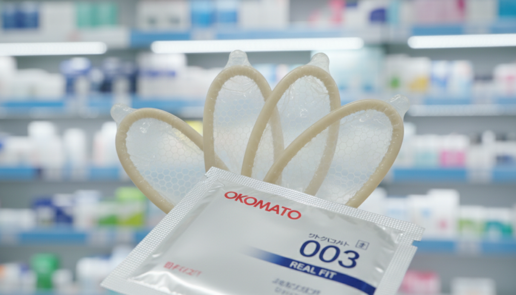 A close-up of the innovative materials used in Okamoto condoms, showcasing their unique texture and technology. In the foreground, a sleek, partially open condom package with the Okamoto logo prominently displayed, emphasizing its premium quality. The middle layer features a few condoms fanned out, highlighting their thinness and elasticity against a soft-focus background of a modern healthcare setting, such as a well-lit pharmacy shelf stocked with contraceptives. The lighting is bright and clinical, creating a clean, trustworthy atmosphere. A macro lens effect captures fine details of the material, suggesting safety and reliability, aiming to evoke a sense of professionalism and advanced technology in sexual health products.