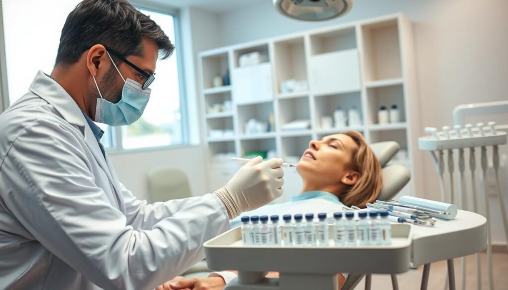 A professional dentist in a dental clinic, meticulously applying anesthetic to a patient's gums. The foreground features the dentist, dressed in a white coat, wearing gloves and a mask, focused on the task. The patient lies in a modern dental chair, showing a calm expression, while the clinical environment is well-lit, emphasizing cleanliness and sterility. In the middle, various dental tools and a tray with anesthetic vials are neatly arranged, while the background shows shelves with dental supplies and a large window allowing natural light to filter in. The atmosphere is calm and reassuring, conveying a sense of safety and professionalism, captured in a bright, well-composed image.