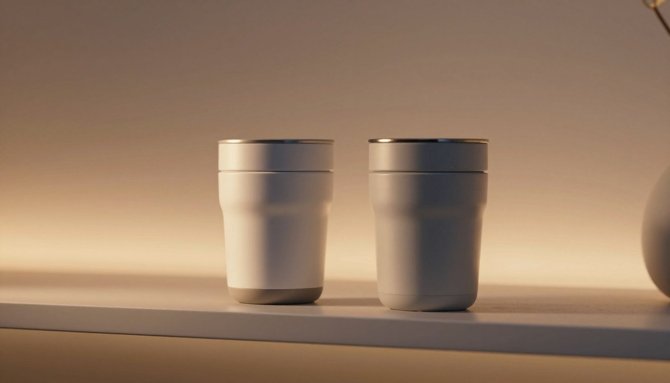 A sleek design presentation featuring a vibrating and a motorized pocket cup displayed side by side on a minimalist shelf. The foreground includes detailed close-ups of both products, showcasing their modern aesthetics, smooth surfaces, and elegant curves. The middle ground captures soft, ambient warm lighting to enhance their textures and materials, creating an inviting atmosphere. The background features a subtle blurred gradient of soft earth tones, adding depth while keeping the focus on the items. The overall mood is cozy and intimate, evoking a sense of innovation and comfort. The image is framed in a 4:3 aspect ratio to highlight the products effectively.