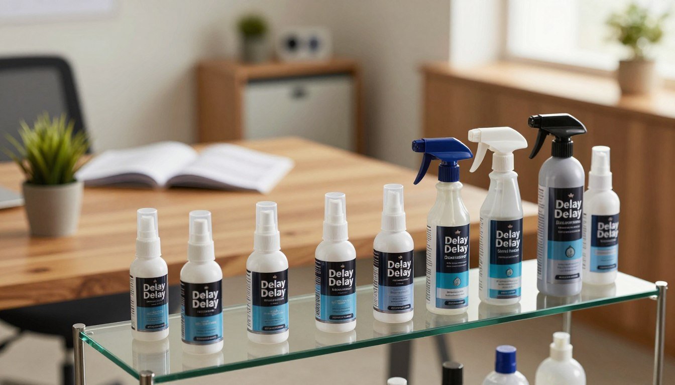 A well-organized workspace featuring a sleek, professional setting that illustrates the correct storage methods for delay spray. In the foreground, an elegant glass shelf displays various delay spray bottles, arranged neatly with their caps on, emphasizing their proper storage. The middle features a soft-focus background of a warm-lit wooden table that holds a small potted plant and an open manual about the product, enhancing the informative aspect without distraction. The background captures a cozy office space, with warm lighting streaming in from a window, creating a comforting atmosphere. The scene is shot from a slightly elevated angle, giving depth to the composition while maintaining clarity on the products showcased, evoking trust and professionalism.