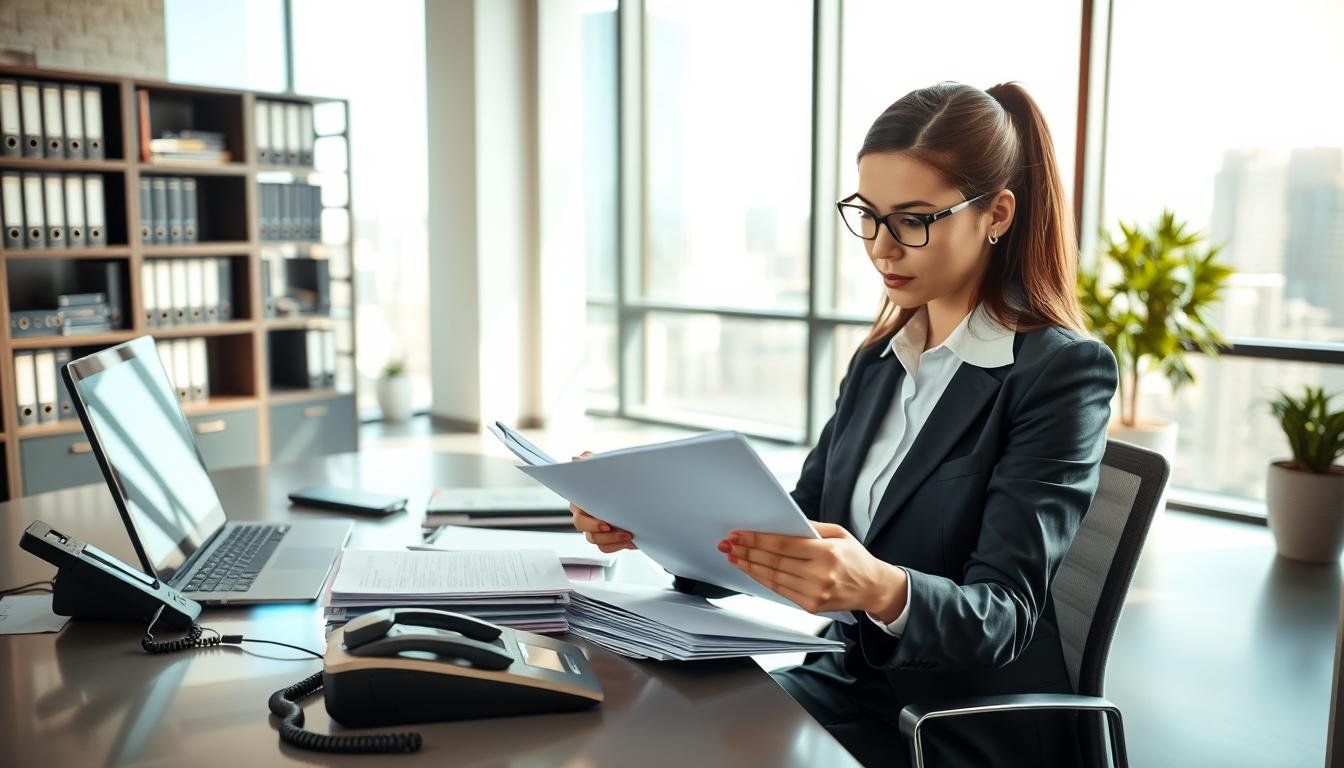 A professional corporate secretary in a modern office setting, wearing smart business attire, is seated at a sleek desk cluttered with important documents, a laptop, and a telephone. In the foreground, focus on the secretary diligently organizing files and reviewing a clipboard, showcasing her multifaceted responsibilities. The middle ground features a large window with cityscape views, allowing natural light to flood the room, casting soft shadows. In the background, shelves filled with binders and a potted plant add an inviting atmosphere. The lighting should be warm and professional, evoking a sense of productivity and authority. Capture the essence of a corporate environment where the secretary plays a vital role in business operations, emphasizing her contributions with an overall mood of diligence and competence.