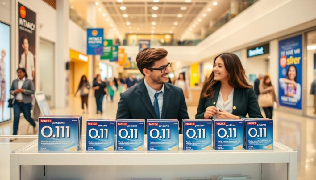 A clean and modern display inside Moon River Mall showcasing the benefits of 0.01 condoms. In the foreground, a well-organized shelf with premium packaging of 0.01 condoms, highlighting their sleek design and innovative features. In the middle, a young couple in professional attire, smiling and discussing the products with an interested expression. The background features a bright, well-lit mall environment with modern architecture, colorful banners promoting intimacy and health, and shoppers in modest casual clothing. The atmosphere is inviting, emphasizing comfort and trust. Use soft, warm lighting to create a welcoming ambiance, with a slight focus on the couple’s interaction and the product display, employing a shallow depth of field to enhance engagement.