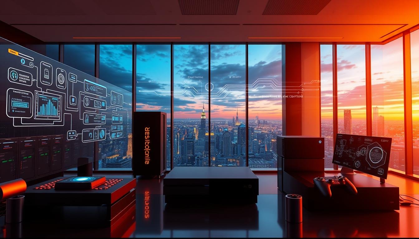 A modern, high-tech digital entertainment environment showcasing the integration of 3A gaming technology architecture with cloud computing. In the foreground, elegant gaming consoles and high-performance computers with glowing interfaces, smoothly designed. The middle ground features a futuristic server room with holographic displays illustrating complex data flows and architecture diagrams. In the background, panoramic windows reveal a vibrant city skyline at dusk, with streams of digital information visually represented in the sky. Warm, ambient lighting highlights the technological details, creating a cutting-edge atmosphere. The scene reflects innovation and security, embodying the essence of 3A gaming as a cornerstone for digital entertainment, promoting safety and compliance in a sophisticated, professional manner.