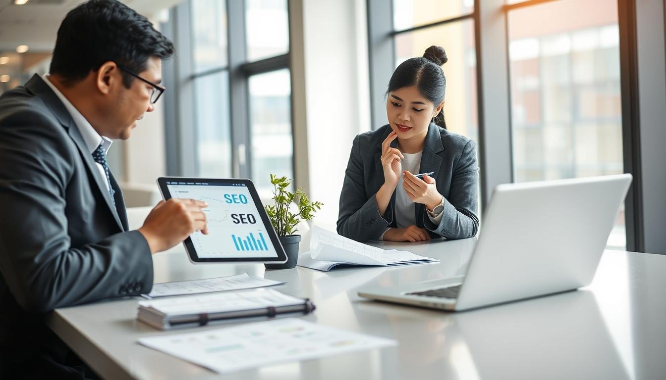 A professional business setting featuring two experts discussing SEO strategies for Traditional Chinese markets. In the foreground, a South Asian male consultant wearing a smart business suit and glasses is pointing at a digital tablet, displaying SEO analytics. A East Asian female expert in modest business attire is thoughtfully looking at the tablet, taking notes with a pen. In the middle, a sleek, modern conference table with a laptop open, SEO documents scattered around, and a small potted plant enhancing the environment. The background shows a well-lit office with large windows, creating a bright atmosphere. Lens focus on the subjects with a soft blur effect on the background to emphasize their expertise. The overall mood conveys professionalism and dedication to choosing the right SEO partner, like "3A."