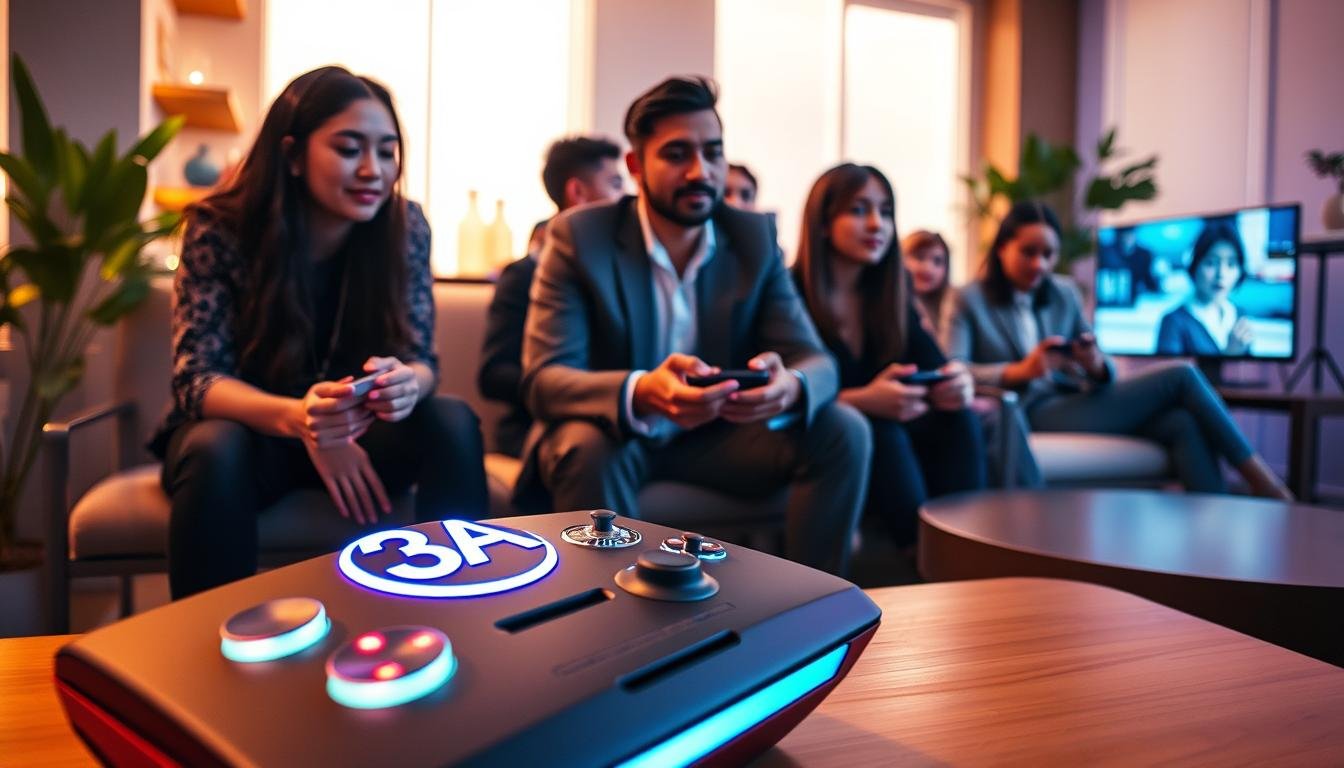 An informative scene illustrating the "3A" entertainment initiative on preventing gaming addiction. Foreground: A sleek, modern gaming console with glowing lights, featuring a logo of "3A" prominently displayed. Middle: A diverse group of gamers engaged in healthy gameplay, showcasing various ethnicities and genders, all dressed in professional business attire, focused yet relaxed. Background: A bright, inviting gaming lounge setting with comfortable seating and calming decor, such as plants and soft lighting. The atmosphere conveys a sense of community and responsibility in gaming. The lighting is warm and soft to evoke a positive, encouraging mood. The composition should use a wide-angle lens to capture the entire scene harmoniously.
