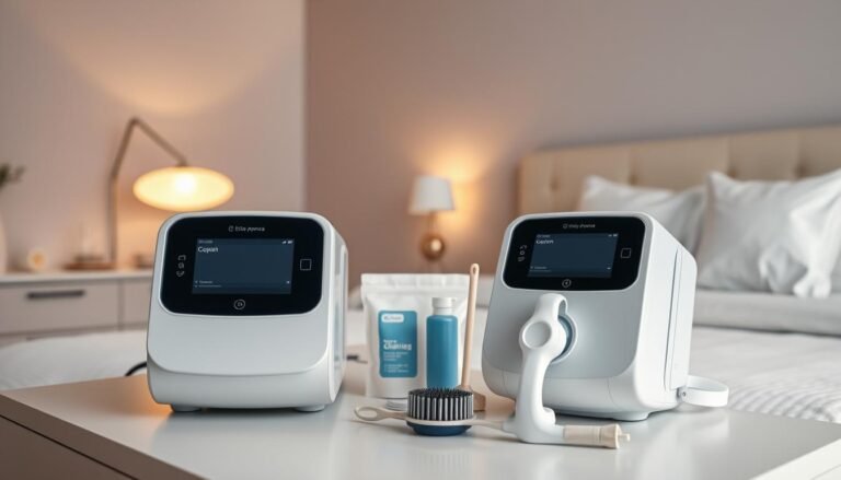 A clean and organized medical bedroom setting featuring a modern, sleek sleep apnea machine prominently displayed on a nightstand. In the foreground, the machine is clean and well-maintained, showcasing its user-friendly interface and high-quality materials, with a gentle glow from a nearby lamp creating a warm, inviting atmosphere. In the middle, there are essential cleaning supplies like wipes and brushes arranged neatly around the machine, emphasizing the importance of hygiene. In the background, soft pastel-colored walls and a neatly made bed enhance the serene mood of the environment. The lighting is soft and calming, casting subtle shadows that evoke a sense of tranquility and professionalism. The focus is on the machine and its cleanliness, creating an informative and appealing visual representation of sleep machine maintenance.