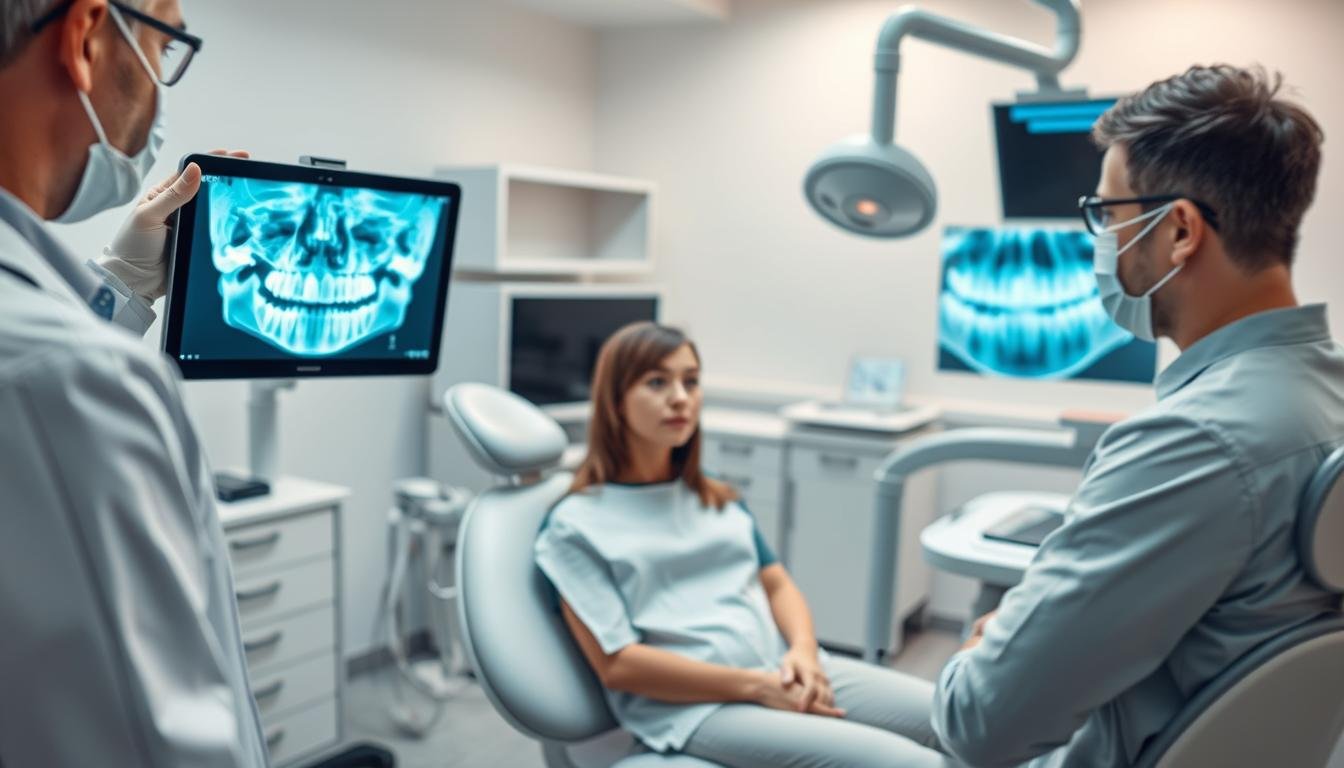 A detailed and informative dental clinic scene showcasing the treatment of inflamed wisdom teeth. The foreground features a dentist in professional attire, examining a patient's X-rays on a bright, interactive screen, with a focus on impacted third molars. In the middle, the dental chair is occupied by a patient looking slightly anxious, surrounded by dental tools and equipment that illustrate the procedure. The background includes a clean, well-organized dental office with calming colors and soft lighting, enhancing the atmosphere of professionalism and care. The image should evoke a sense of reassurance and expertise in dental health management. Use a focused angle to highlight the interaction between the dentist and patient, creating a narrative of support and healing.