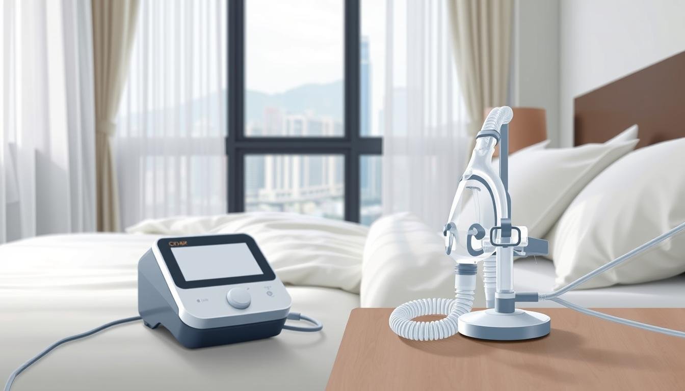 A detailed illustration focused on the usage of a CPAP machine in Hong Kong, featuring a serene bedroom setting. In the foreground, prominently display a sleek CPAP machine on a bedside table, with a clear mask symbolizing sleep therapy. In the middle ground, there’s a comfortable bed with light-colored sheets and pillows, enhancing a restful atmosphere. Soft, natural light filters through a window with sheer curtains, creating a calming ambiance. In the background, a glimpse of a Hong Kong skyline through the window provides a cultural touch. The mood is tranquil and informative, designed to reflect a guide on using sleep therapy equipment effectively, suitable for individuals dealing with nasal congestion. No text overlays or distractions, just a focus on the setting and equipment.