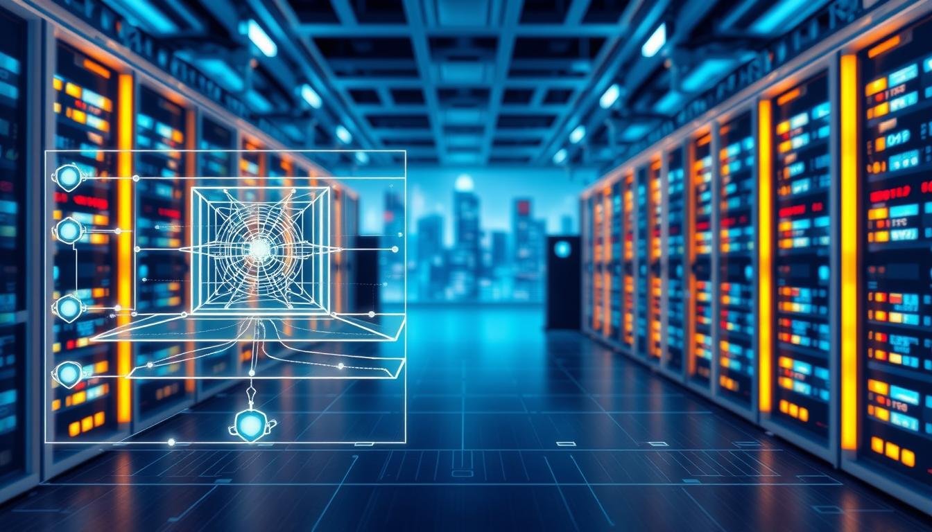 A detailed technical illustration of a layered firewall architecture for a high-security online gaming platform, titled "3A Entertainment City." In the foreground, showcase a clear and intricate diagram of multiple firewall layers, represented as interconnected nodes with data packets flowing through them. The middle ground features a stylized network server room, equipped with advanced firewall hardware, glowing lights, and digital screens showing security metrics. In the background, a blurred city skyline symbolizes the digital landscape the platform protects. Use cool blue tones to convey a sense of professionalism and security, with soft lighting for a tech-savvy atmosphere. The perspective should be slightly elevated, providing a comprehensive view of the architecture and environment, highlighting the complexity and sophistication highly valued by senior engineers.