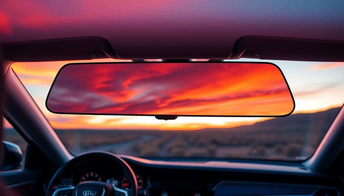 A futuristic electronic rearview mirror equipped with WDR (Wide Dynamic Range) technology, showcasing its ability to precisely capture true colors in rapidly changing sunset lighting conditions. In the foreground, the sleek mirror reflects vibrant hues of a dusk sky, blending oranges, purples, and deep blues. The middle layer includes a car interior, featuring a dashboard elegantly designed with high-tech elements. In the background, a scenic landscape transitions from daylight to twilight, emphasizing the contrast between bright and shadowy areas. The scene is illuminated gently, highlighting the advanced features of the rearview mirror while creating a serene, tech-savvy atmosphere. Ideal for illustrating the relationship between electronic rearview mirrors and WDR technology.