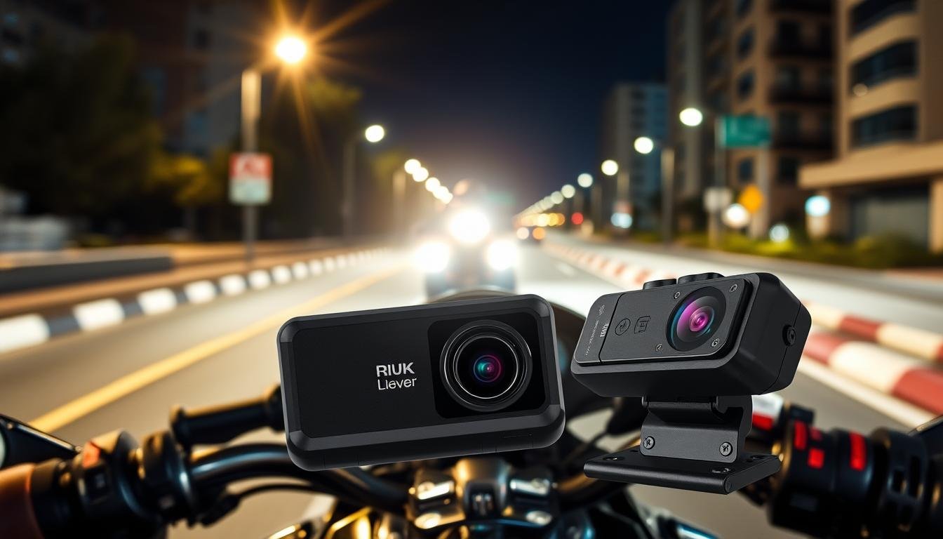 A high-quality image showcasing a professional motorcycle dash camera, designed to capture front and rear views, placed prominently in the foreground. The camera should be sleek and robust, with visible waterproof features and advanced sensors, highlighting its ability to prevent image overexposure at night. In the middle, a blurred yet dynamic nighttime scene of a motorcycle driving down a street, with a bright oncoming vehicle featuring high beams, enhancing the sense of light interaction. The background shows a dark cityscape with subtle streetlights, creating an atmosphere of safety and technology. The composition captures the essence of cutting-edge motorcycle safety, focusing on clarity, detail, and an overall mood of professionalism and reliability.