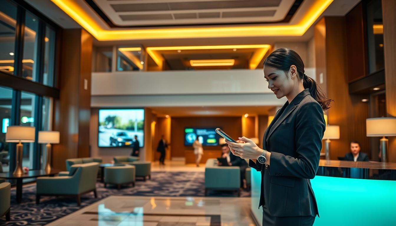 A sophisticated hotel lobby interior, elegantly arranged with comfortable seating, soft ambient lighting, and modern decor. In the foreground, a professional hotel staff member, dressed in formal business attire, is assisting a guest with a smartphone, showing them the taxi service app interface. The middle ground features a reception desk with a large screen displaying taxi availability and safety information, while a few guests wait comfortably in the seating area. The background showcases sleek architecture with floor-to-ceiling windows, revealing a bustling city street. The mood is welcoming and secure, conveying a sense of professionalism and attention to customer service. The lighting is warm and inviting, enhancing the overall atmosphere of comfort and reliability.