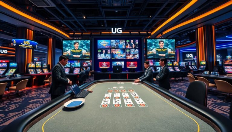 A sophisticated online gaming platform environment showcasing a vibrant "UG Entertainment City" setup. In the foreground, a sleek, modern gaming table displays a realistic live dealer dealing cards to players, with professional staff dressed in smart business attire. The middle of the image features the engaging layout of the platform, featuring high-tech screens displaying live feeds, player interactions, and vibrant visuals of various casino games, emphasizing an immersive gaming experience. The background reveals a stylish, illuminated casino atmosphere with soft, ambient lighting that enhances the feeling of excitement and fairness. The overall mood is dynamic and inviting, capturing the essence of a fair and engaging digital gaming environment. Use a wide-angle lens effect to provide depth and highlight the action within the scene.