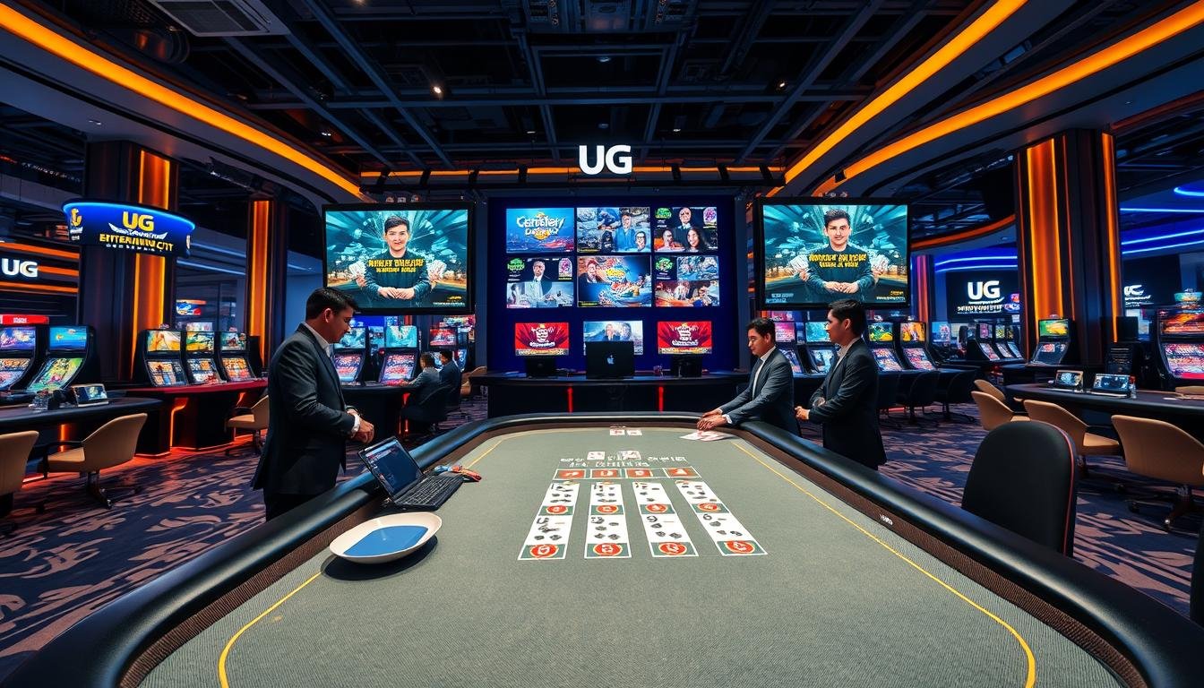 A sophisticated online gaming platform environment showcasing a vibrant "UG Entertainment City" setup. In the foreground, a sleek, modern gaming table displays a realistic live dealer dealing cards to players, with professional staff dressed in smart business attire. The middle of the image features the engaging layout of the platform, featuring high-tech screens displaying live feeds, player interactions, and vibrant visuals of various casino games, emphasizing an immersive gaming experience. The background reveals a stylish, illuminated casino atmosphere with soft, ambient lighting that enhances the feeling of excitement and fairness. The overall mood is dynamic and inviting, capturing the essence of a fair and engaging digital gaming environment. Use a wide-angle lens effect to provide depth and highlight the action within the scene.