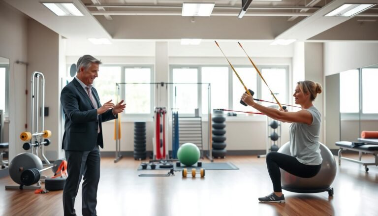 A visual representation of the principle of progressive resistance in therapeutic exercise, focusing on a well-lit, professional rehabilitation setting. In the foreground, a physical therapist, dressed in a smart business casual outfit, demonstrates an exercise with a patient. The patient is performing a resistance training activity, showcasing correct form and gradual resistance, using resistance bands and weights. In the middle, exercise equipment like resistance bands, weights, and a stability ball are well-organized. The background features a bright and open rehabilitation gym, with large windows letting in natural light, creating a positive and encouraging atmosphere. The overall mood is focused and supportive, emphasizing the importance of scientific principles in rehabilitation.