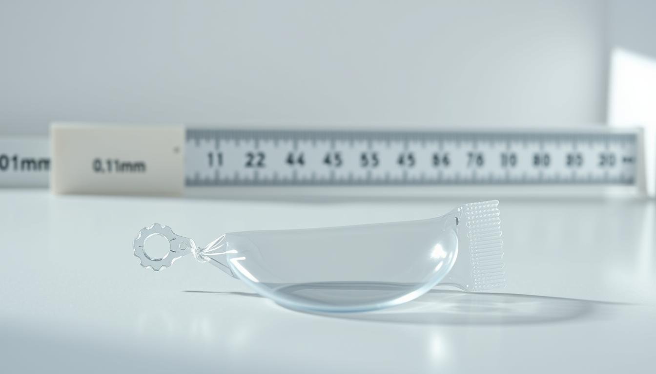A detailed visual comparison showing the thickness of a 0.01mm condom in a scientific context. In the foreground, a close-up of the condom unwrapped on a clean, neutral surface, highlighting its transparency and thinness. In the middle background, a ruler or caliper measuring the thickness, with a clear focus on the measurement of 0.01mm. The setting is well-lit with soft, natural lighting to avoid harsh shadows, creating a calm and informative atmosphere. The scene is presented from a slightly elevated angle, providing an educational perspective without any human figures. The overall mood should feel clinical and informative, emphasizing the precision and importance of safe handling practices.