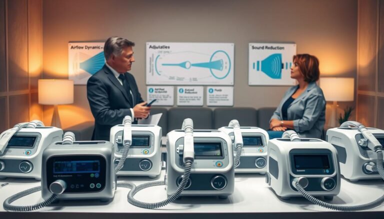 A sophisticated and informative image depicting "sleep apnea machine selection criteria." In the foreground, a well-lit table displays various modern CPAP machines, highlighting their unique features such as adjustable settings and display screens. In the middle ground, a professional, middle-aged healthcare provider, dressed in smart business attire, is engaged in a thoughtful discussion with a patient, dressed in modest casual clothing. They are surrounded by medical diagrams illustrating airflow dynamics and sound reduction principles. In the background, a serene room with soft, warm lighting creates a calming atmosphere. The perspective is slightly angled, capturing both the machines and the human interaction, emphasizing professionalism and care. The mood is informative and supportive, illustrating the significance of choosing the right machine for effective treatment.