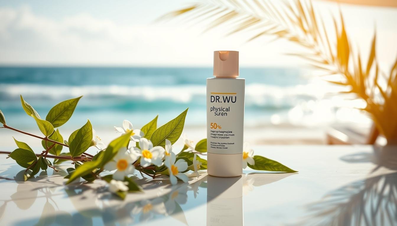 A visually appealing, modern display of DR.WU physical sunscreen product prominently placed in the foreground on a polished, reflective surface. The sunscreen bottle features a sleek design with soft pastel colors. Surrounding the product are delicate natural elements like green leaves and soft white flowers, evoking a sense of purity and protection. In the middle ground, a sun-kissed beach scene fades into the background, showcasing gentle waves and a clear blue sky, enhancing the theme of sun protection. The lighting is bright and warm, simulating a sunny day, with soft shadows cast by the product. Capture the scene from a slightly elevated angle to emphasize the product while maintaining a serene and inviting atmosphere, appropriate for an informative article.
