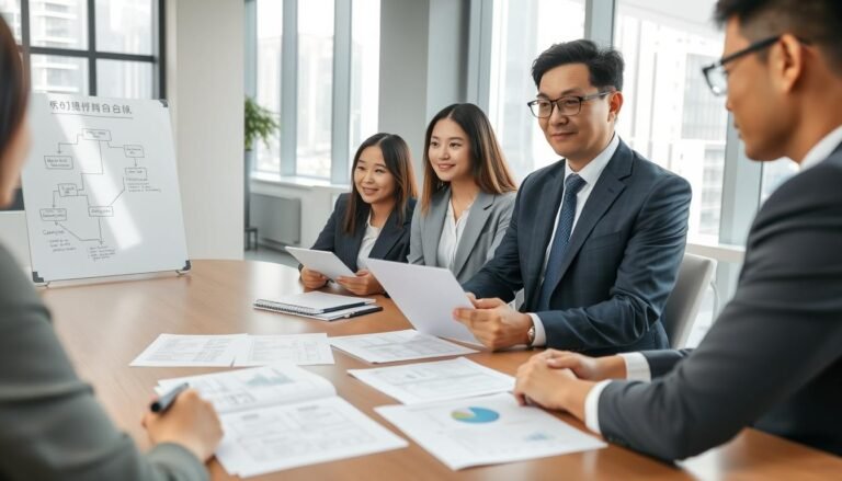 A well-organized office space, showcasing a diverse group of professionals engaged in discussion around a conference table. In the foreground, focus on a middle-aged man in a tailored suit, pointing at a whiteboard with flowcharts that illustrate the steps to successfully register a company in Hong Kong. Beside him, a young woman in smart business attire takes notes while a laptop displays analytical graphs. The middle layer features several documents spread out on the table, including checklists and forms, symbolizing the registration process. The background reveals a modern office with large windows allowing natural light to flood in, creating a bright and motivating atmosphere. The overall mood is focused and professional, emphasizing teamwork and the importance of accuracy in company registration.