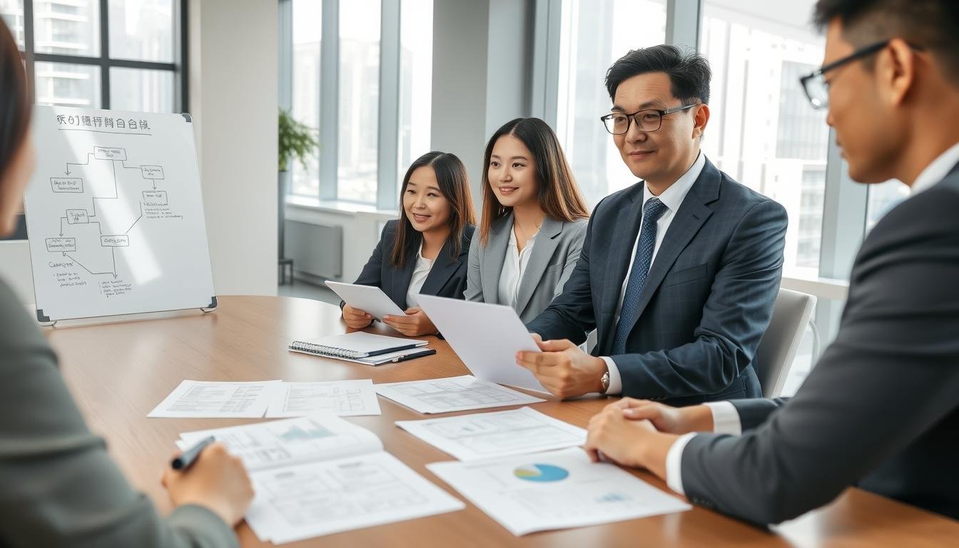 A well-organized office space, showcasing a diverse group of professionals engaged in discussion around a conference table. In the foreground, focus on a middle-aged man in a tailored suit, pointing at a whiteboard with flowcharts that illustrate the steps to successfully register a company in Hong Kong. Beside him, a young woman in smart business attire takes notes while a laptop displays analytical graphs. The middle layer features several documents spread out on the table, including checklists and forms, symbolizing the registration process. The background reveals a modern office with large windows allowing natural light to flood in, creating a bright and motivating atmosphere. The overall mood is focused and professional, emphasizing teamwork and the importance of accuracy in company registration.