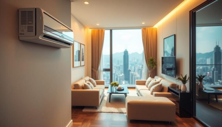 A cozy and modern Hong Kong apartment interior featuring a well-organized living space. In the foreground, a wall-mounted air conditioning unit is displayed prominently, with a digital control panel visible. The middle ground shows a stylish living room with a soft, plush sofa and a coffee table, surrounded by light-colored walls adorned with minimalistic artwork. In the background, a well-lit window offers a view of a bustling cityscape under a bright blue sky. Warm, diffused lighting creates an inviting atmosphere. The angle is slightly elevated, giving a comprehensive view of the room layout, with soft shadows adding depth. The image conveys a sense of comfort and modern living, suitable for illustrating HVAC considerations in residential settings.