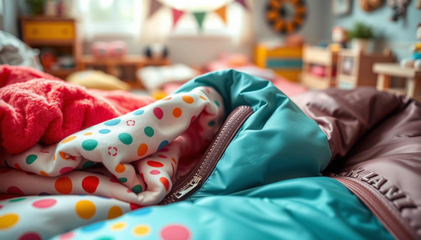 A detailed close-up of various children's sleeping bag materials, showcasing their textures and colors. In the foreground, include samples of soft fleece in vibrant colors, breathable cotton with playful patterns, and durable nylon with a shiny finish. The middle section should feature stitching details and zippers to highlight craftsmanship. The background can be a softly blurred image of a cozy children’s bedroom, filled with toys and a warm, inviting atmosphere. Use soft, natural lighting to create a comforting mood, while capturing the tactile qualities of each material through macro photography techniques. Emphasize the warmth and comfort of these sleeping bags, making it visually appealing for parents considering options.