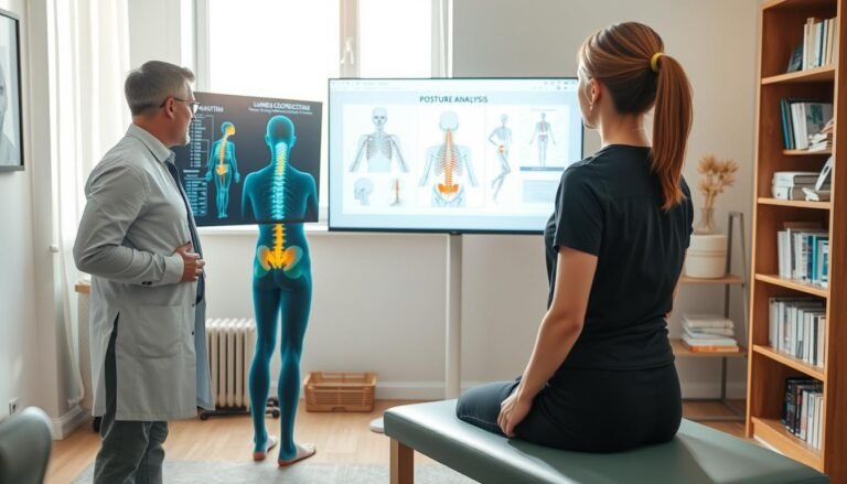 A modern healthcare setting, focusing on pain management through AI posture analysis. In the foreground, a physical therapist in professional attire is observing a patient demonstrating various poses using a high-tech analysis system, with visible posture-correction software on a screen. The middle layer shows anatomical diagrams and charts illustrating the lumbosacral spine, while a calming color palette of blues and greens enhances the atmosphere. Soft, natural lighting filters through a window, creating a warm and inviting environment. In the background, shelves filled with medical books and therapy tools suggest a comprehensive approach to pain treatment. The overall mood conveys professionalism and hope, emphasizing the importance of physical therapy and psychological support.