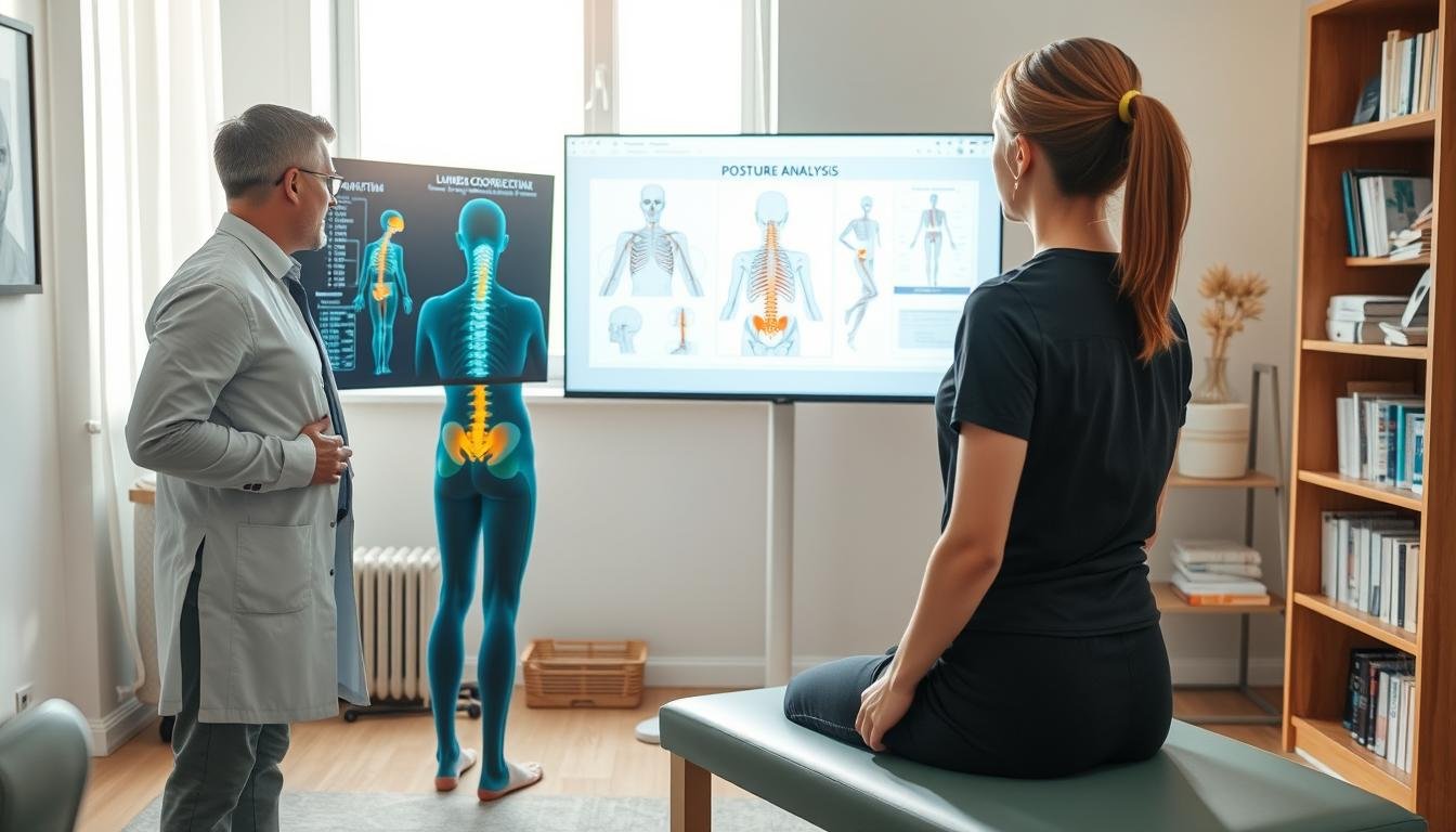A modern healthcare setting, focusing on pain management through AI posture analysis. In the foreground, a physical therapist in professional attire is observing a patient demonstrating various poses using a high-tech analysis system, with visible posture-correction software on a screen. The middle layer shows anatomical diagrams and charts illustrating the lumbosacral spine, while a calming color palette of blues and greens enhances the atmosphere. Soft, natural lighting filters through a window, creating a warm and inviting environment. In the background, shelves filled with medical books and therapy tools suggest a comprehensive approach to pain treatment. The overall mood conveys professionalism and hope, emphasizing the importance of physical therapy and psychological support.
