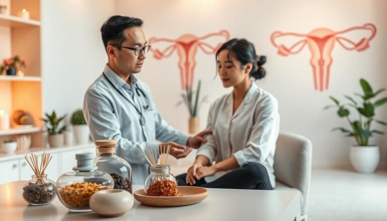 A serene, calming scene depicting a tranquil Chinese medicine clinic focused on fertility treatment for polycystic ovary syndrome (PCOS). In the foreground, a clinician of Asian descent in professional attire is gently examining a patient, who is seated comfortably and appears calm and engaged. The middle ground features traditional herbal medicine displayed in elegant containers, alongside acupuncture needles and calming decor like plants and soft lighting. In the background, soft pastel colors create a peaceful atmosphere, with artistic representations of the female reproductive system subtly integrated into the design. The lighting is warm and inviting, suggesting a holistic and nurturing environment, promoting the idea of health and wellness in fertility.