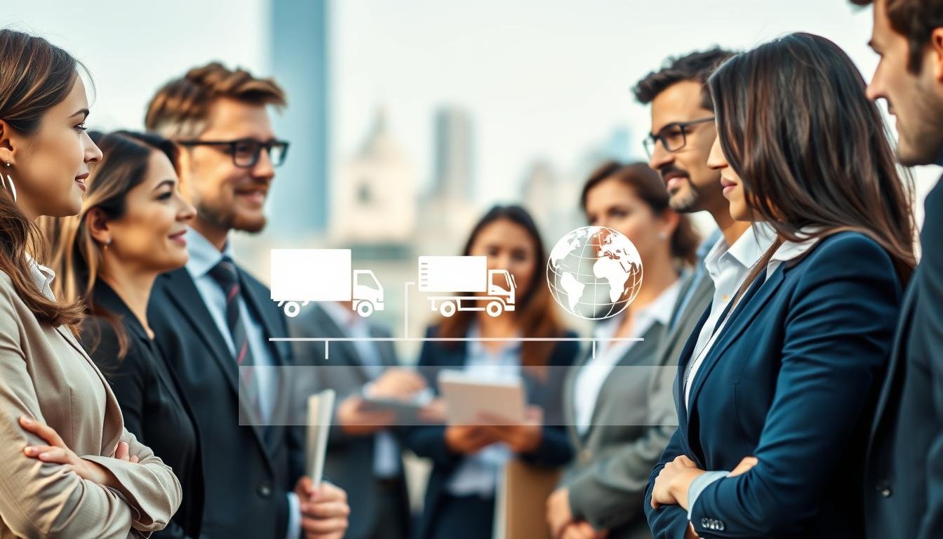 A well-organized and appealing image showcasing various types of American purchasing agents. In the foreground, feature a diverse group of individuals dressed in professional business attire, engaged in thoughtful discussion. In the middle, display icons or subtle representations of the different purchasing agent types, such as a shopping cart, a delivery truck, and a globe symbolizing international shipping. The background should include a softly blurred city skyline to evoke a sense of urban commerce and global trade. Use natural lighting to create a vibrant, optimistic atmosphere, accentuating the possibilities of finding the right purchasing agent. The angle should invite the viewer to feel included in the discussion, providing a sense of connection and relevance to the theme of suitable purchasing solutions.