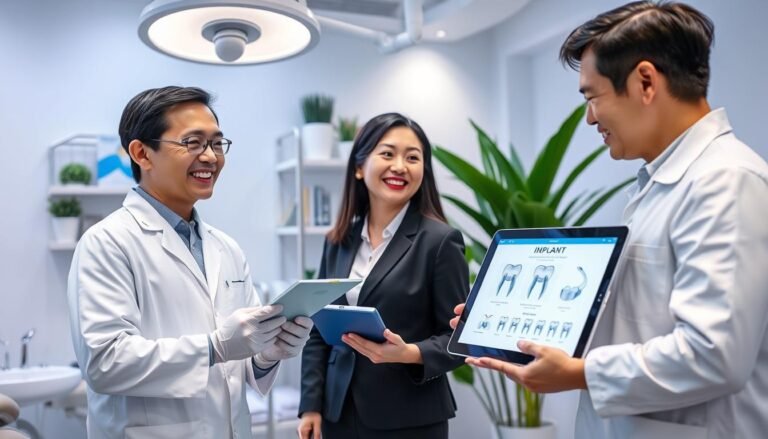 A well-organized dental clinic in Hong Kong focused on dental implant care, showcasing various resources for patient care. In the foreground, a friendly dental professional in a white coat and gloves explains implant aftercare to a smiling patient in a casual but professional outfit. The middle layer features visually appealing dental care materials, such as brochures, dental tools, and a digital tablet displaying implant information. The background includes soft, ambient lighting with a modern dental setup, emphasizing cleanliness and professionalism. The atmosphere should convey trust and comfort, with plants and calming colors enhancing the inviting space. The image captures the essence of excellent dental care resources available at the clinic.