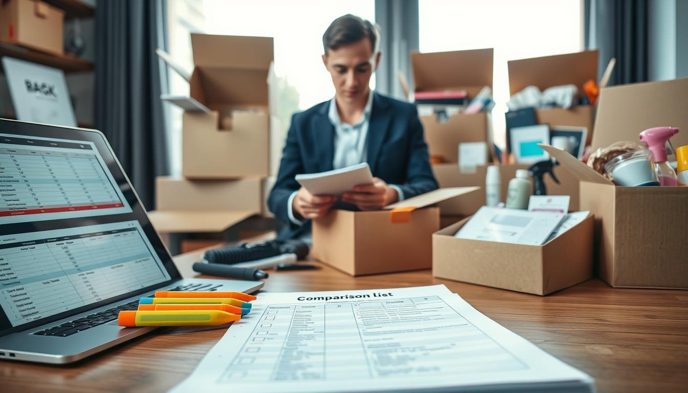 A well-organized workspace featuring a neatly arranged comparison list for American shopping service packages. In the foreground, a detailed notebook with checkboxes and colorful markers beside a laptop displaying a spreadsheet. In the middle, a professional individual in business attire, intently analyzing the list, surrounded by opened shipping boxes filled with various products like electronics, clothing, and beauty items. In the background, soft natural lighting from a window illuminates the scene, enhancing the sense of productivity and focus. The mood is meticulous and organized, conveying a professional atmosphere. The image should be clear and vibrant, capturing the essence of effective package management and list verification without any text or distractions.