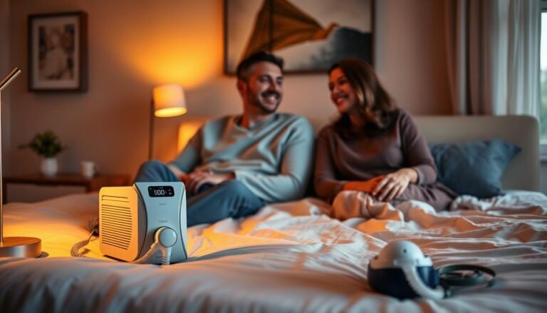 A cozy bedroom scene featuring a couple in their 30s, both dressed in comfortable, modest evening wear, sitting side by side on their bed. In the foreground, a sleek Good CPAP machine rests quietly on a bedside table, illuminated by soft, warm bedside lamp light. The couple exchanges relaxed smiles, demonstrating the positive effects of restful sleep facilitated by the CPAP device. The middle ground shows a neatly made bed with calming colors, subtly emphasizing tranquility. The background reveals warm-toned wall art and gentle window drapes, filtering in the evening glow, creating a serene atmosphere. The overall mood is one of comfort, connection, and improved quality of life through better sleep.