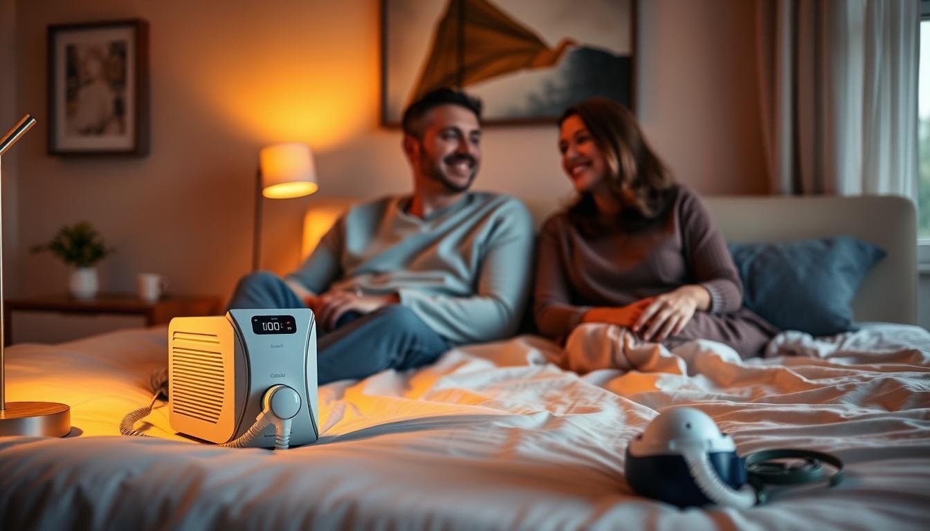 A cozy bedroom scene featuring a couple in their 30s, both dressed in comfortable, modest evening wear, sitting side by side on their bed. In the foreground, a sleek Good CPAP machine rests quietly on a bedside table, illuminated by soft, warm bedside lamp light. The couple exchanges relaxed smiles, demonstrating the positive effects of restful sleep facilitated by the CPAP device. The middle ground shows a neatly made bed with calming colors, subtly emphasizing tranquility. The background reveals warm-toned wall art and gentle window drapes, filtering in the evening glow, creating a serene atmosphere. The overall mood is one of comfort, connection, and improved quality of life through better sleep.