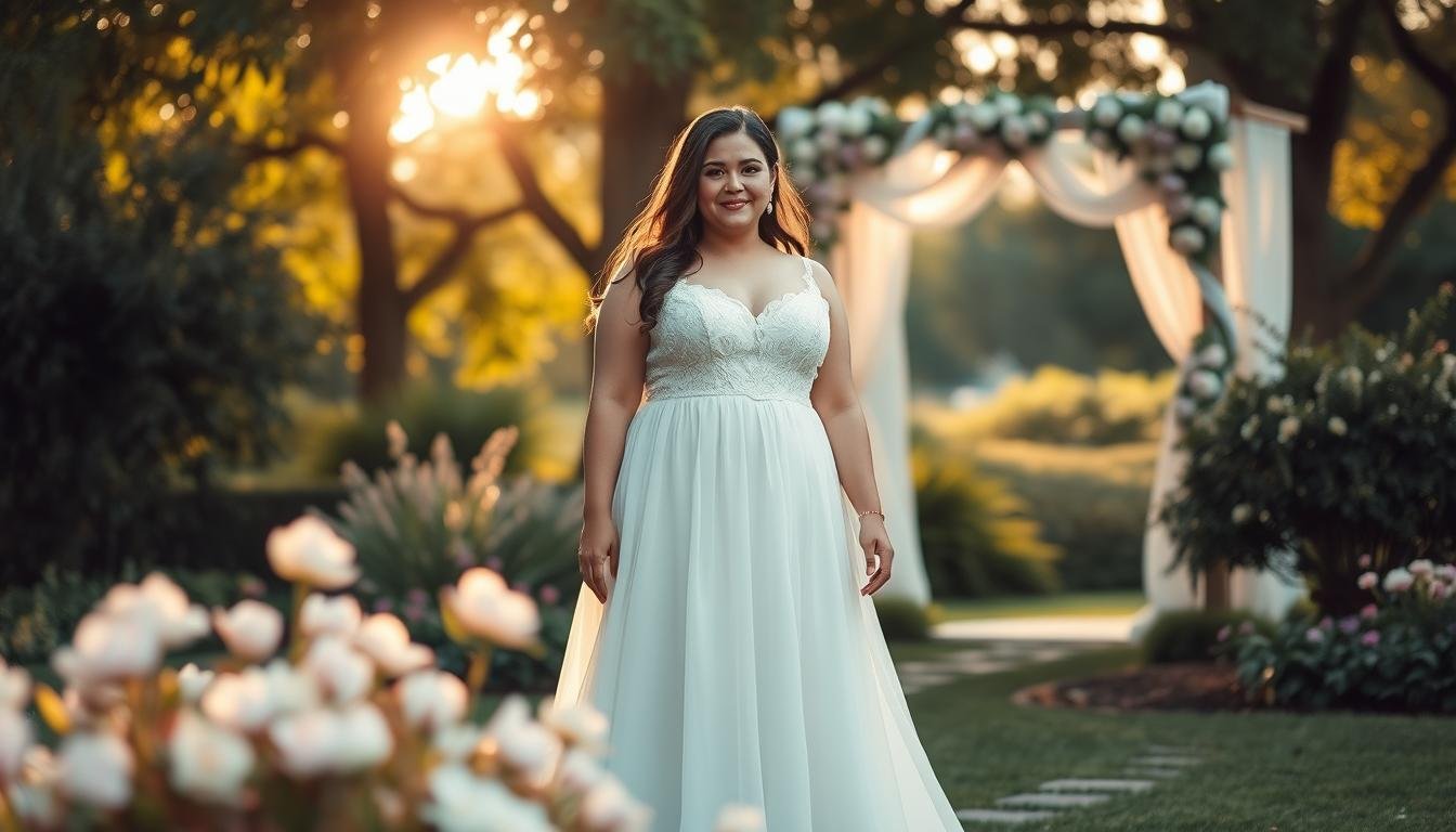A plus-size bride in a soft, elegant wedding dress featuring gentle pastel hues, like milky tea and misty blue, standing gracefully in a scenic outdoor garden setting. The dress has delicate lace details and flowing fabric that accentuates her figure while ensuring modesty. The foreground showcases blooming flowers and lush greenery, creating a romantic atmosphere. The middle ground includes softly diffused sunlight filtering through the trees, casting a warm glow on the scene. In the background, a stylish wedding arch adorned with elegant decorations completes the setting. The overall mood is warm, inviting, and celebratory, capturing the essence of a gentle wedding theme.